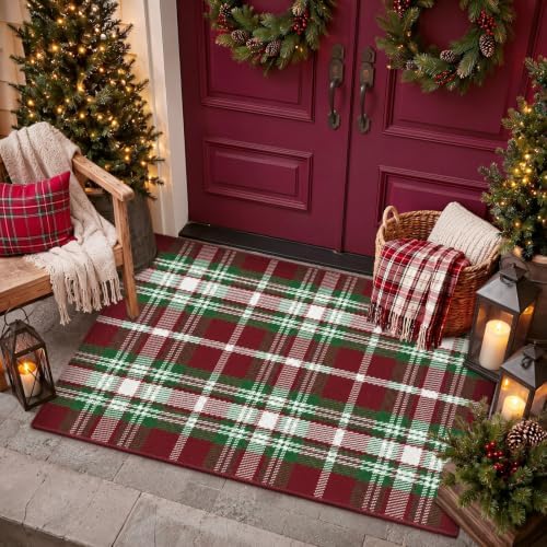 Moucuny Christmas Red Green White Brown Plaid Outdoor Rug 3' X 5' Doormat - Image 5