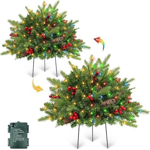 Timer 2 Pack Outdoor Christmas Tree Urn Filler 24 Inch Artificial Xmas Tree withPinecones Red Berries Tripod Stake Warm White & Colorful Lights Battery Operated 8 Mode Porch Decor Pathway Holiday Yard by TURNMEON