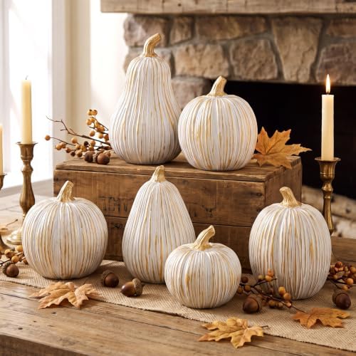 Thyle 6 Pcs Fall Pumpkin Decor, White Gold Pumpkin for Table Centerpieces - Image 4