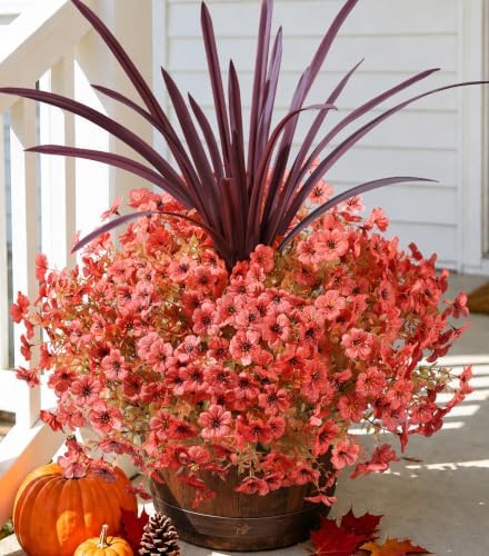 Fall Flowers Artificial Mums for Outdoors Autumn Decor, 12 Bundles Orange Fake Fall Mums with 1 pcs Burgundy Orchid Leaf UV Resistant Look Real Faux Flowers for Outside Planter Home Porch Patio Yard by florisso