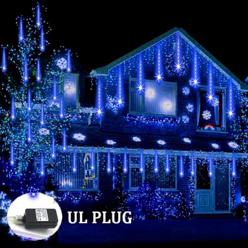 Weepong Meteor Shower Lights Outdoor Christmas Lights UL Certified Falling Rain Drop Snowfall Icicle Cascading String Light for Xmas Holiday Tree Wedding Party Garden Decor Blue, 12 Inch 8 Tubes - Image 4
