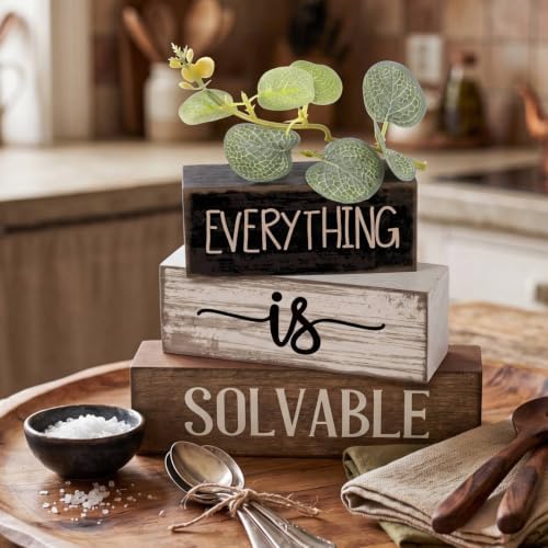 Lineshading 4 Pcs Inspirational Farmhouse Table Decor Rustic Wooden Stacked Block Signs with Inspirational Quote Artificial Eucalyptus Leaves Farmhouse Decoration for Home Office Shelf Gift - Image 4