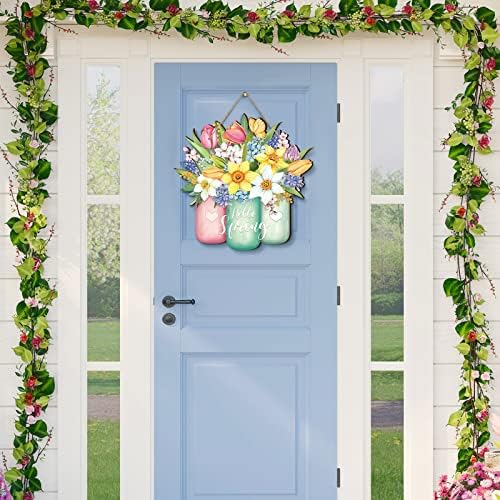 Ferraycle Spring Flower Door Sign Spring Decorations for Front Door Hello Welcome Sign with Jar Colorful Wooden Hanging Decorations for Home Indoor Outdoor Farmhouse Porch Decor - Image 2