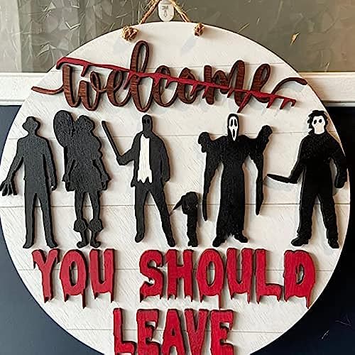 Halloween Horror Welcome Sign for Front Door, Horror Movie Characters Door Hanger Scary Halloween Decorations Wood Wreath Hanging Door Sign for Farmhouse Porch Wall Decor Outdoor - Image 3