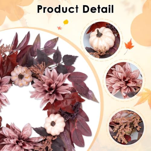 Fall Wreaths for Front Door Decor Artificial Flower, 24" Autumn Pumpkin - Image 4