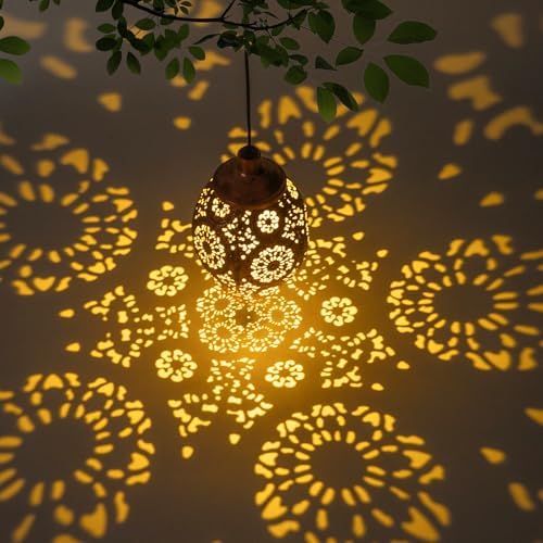 Solar Teardrop Hanging Lantern, Metal, Bronze, Solar Powered, Moroccan Floral Cutout, Outdoor Garden Decor (Copper) - Image 5