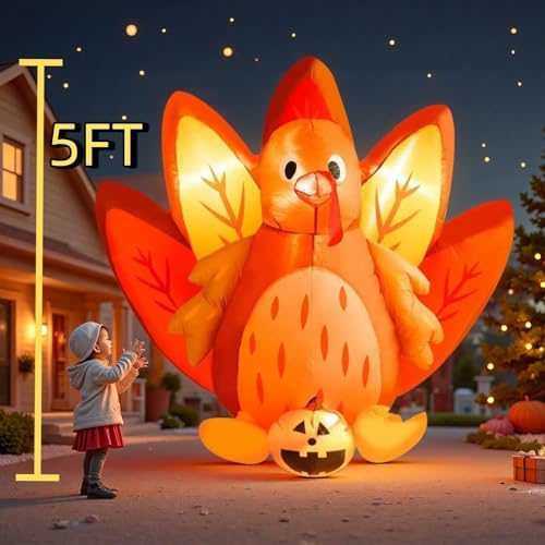 5FT Halloween & Thanksgiving Inflatable Turkey&Pumpin,with Built-in LED Lights, Outdoor/Indoor Seasonal Decoration with Pumpkin, Yard Lawn Garden Holiday Blow-Up Decor - Image 3
