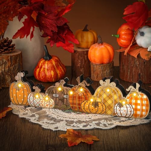 Yousoontic Fall Pumpkin Decor Table Centerpieces Halloween Wooden Pumpkin Sign Decorations with LED Lights 3D Block Autumn Harvest Farmhouse Fall Thanksgiving Decor for Home Mantel Desk Office Party - Image 2