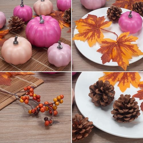 Pumpkin Decor Set, 22 PCS Fall Harvest Decorations - Pink Artificial Pumpkins for Baby Shower Bridal Shower Wedding Farmhouse Tiered Tray Bowl Filler Wreath Thanksgiving Halloween - Image 6