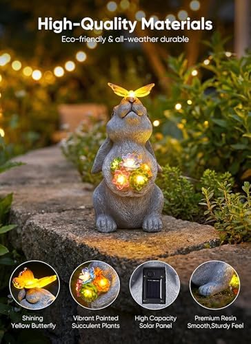 Brightown-Solar-Rabbit-Garden-Decor-Statue with 6 LED Lights, Hand-Painted Resin, IP65 Waterproof Outdoor Decor for Patio, Lawn & Yard Decorations, Unique Mothers Day Gifts for Mom Women - Image 3
