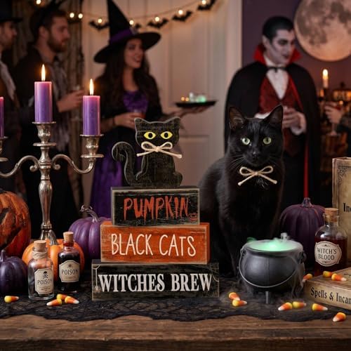 Lineshading 4 Pcs Halloween Table Decor for Home, Wooden Black Cat Sign Set - Image 3
