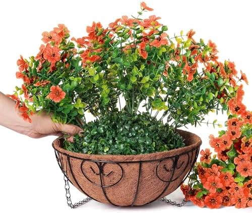 HyeFlora Artificial Fake Fall Hanging Plants Flowers Basket for Outdoor Decor, Faux Silk Orange Mums Daisy in Planter Look Real UV Resistant for Autumn Porch Home Patio Garden Yard Decoration - Image 5