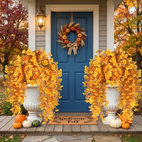 6 Pcs Fall Artificial Hanging Flowers for Outdoors, 30 Inch Golden Yellow Morning Glory Vines UV Resistant Fake Silk Hanging Plants for Garden Porch Patio Window Box Decor - Image 5