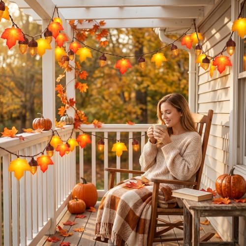 12 Ft Fall Decor Maple Leaves Acorn Lights String, Fall String Lights Plug in with 20 LED Yellow/Orange Maple Leaf Acorn Light for Home Porch Fireplace Autumn Harvest Party Thanksgiving Decor, 0.48W - Image 3