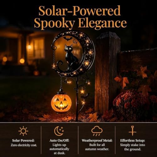 Solar Halloween Black Cat Garden Stake Light – Metal Crescent Moon & Pumpkin Lantern Yard Decor, Auto On/Off Waterproof LED Landscape Lighting for Patio Lawn Pathway (A) - Image 5