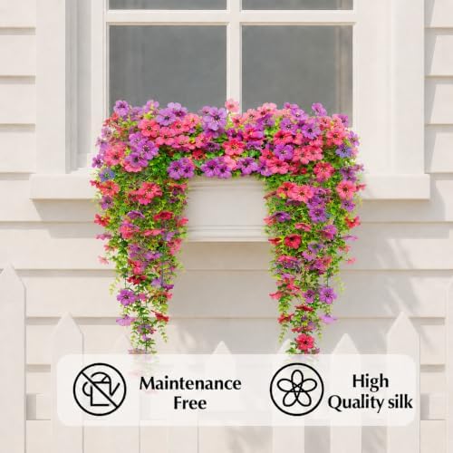 8PCS Artificial Hanging Flowers for Outdoors,Hanging Outdoor Faux Plants,UV Resistant Fake Flowers for Outdoor Planters,Realistic Fake Plants Spring Decor for Porch,Patio,Yard (RedPurple) - Image 4