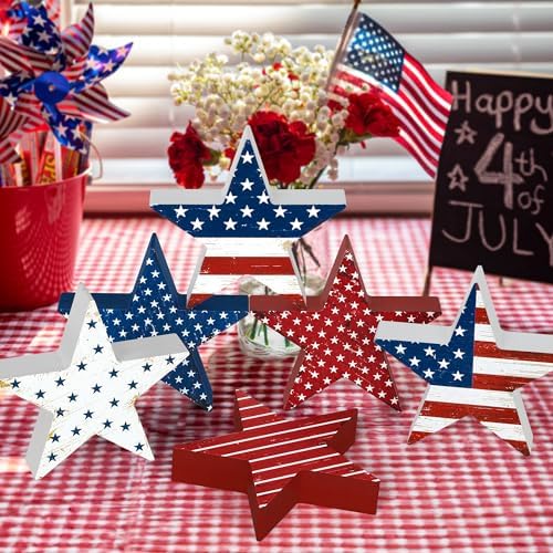 6 PCS 4th of July Wooden Signs, Red White Blue Star Patriotic Table Decor - Image 7