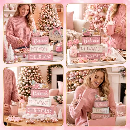 Moucuny 4 Pcs Christmas Table Decoration Pink Santa Sleigh Stacked Wooden Sign Decor Christmas Tiered Tray Decor Decorative Santa Claus Elk Block Sign Gift Farmhouse Xmas Centerpiece for Home Kitchen - Image 6