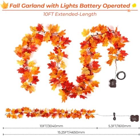 10Ft 50 LED Fall Garland with Lights Battery Operated,Timer Fall Decorations for Home with Orange Bulbs,Fall Lighted Garland for Table Porch Thanksgiving Harvest Halloween Indoor Outdoor Décor - Image 6