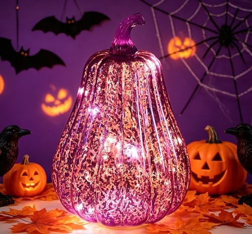 Fall Decorations for Home,Mercury Glass Pumpkin Lights with Timer(Purple) - Image 3