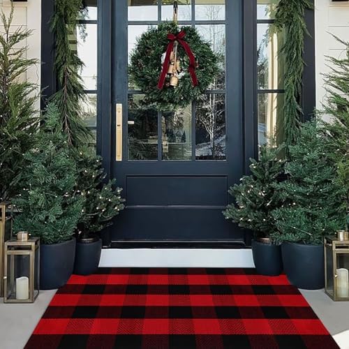 Christmas Door Mat Outdoor 27.5"x43" Buffalo Plaid Christmas Decor Rug Cotton Hand-Woven Layered Door Mats Washable Carpet for Front Porch, Kitchen, Farmhouse, Entryway by CAINANEL