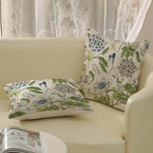 Sage Green Boho Pillow Covers 16x16 Inch 2 Pcs Blue Green Vintage Floral Bird Decor Throw Pillows Chinoiserie Flower Seasonal Outdoor Farmhouse Pillowcase Linen Cushion Cover for Couch Sofa - Image 5