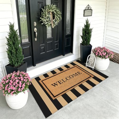 KOZYFLY 3'x5' Striped Area Rug, Brown and Black Woven Cotton Outdoor Rug - Image 2