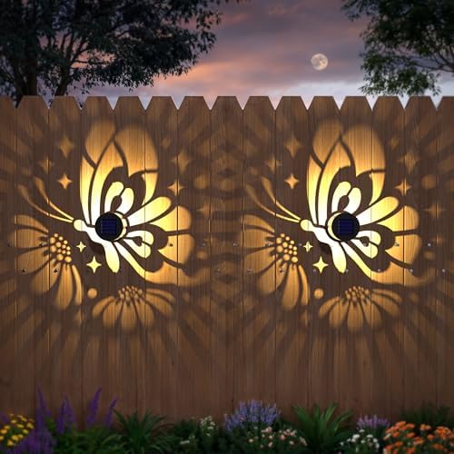 Hapjoy Solar Fence Lights 2 Pack Outdoor Deck Step Wall Lights Metal Waterproof LED Warm Yellow Light for Garden Post Patio Backyard Yard Decor (Butterfly-Flower, 2) by Hapjoy