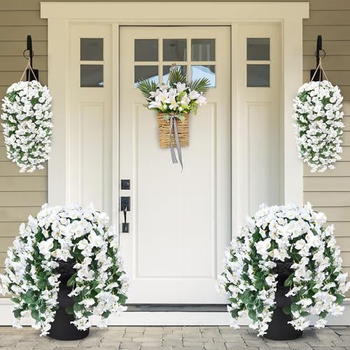 Sggvecsy Artificial Fake Hanging Flowers Plants for Outdoor Outside Spring Summer Decoration 4PCS Faux Silk UV Resistant Realistic Morning Glory Trailing Vines for Home Porch Patio Balcony(White) - Image 3
