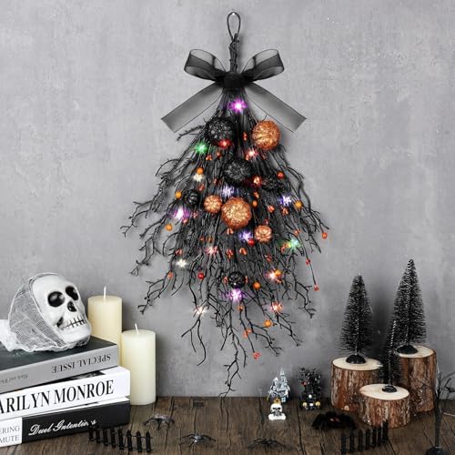 2 PCS Halloween Wreaths Halloween Floral Teardrop Swags Hanging Swag Plants Black Garland with Pumpkin Berries and 9.8ft Lights for Indoor Outdoor Party Wall Home Room Fireplace Porch Window Decor - Image 2