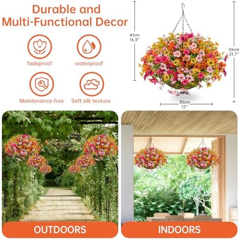 Artificial Flowers with Hanging Baskets Outdoors for Decoration Summer Fall Faux Daisy for Outdoor planters Fake Artificial Hanging Plants UV Resistant for Porch Home Patio Decor (Honey Gold) - Image 2