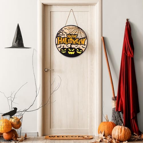 JarThenaAMCS Halloween Welcome Door Sign 3D Evil Pumpkin Face Spider Web Bat Wooden Hanging Sign Front Door Hanger for Indoor Outdoor Home Porch Window Decor - Image 3
