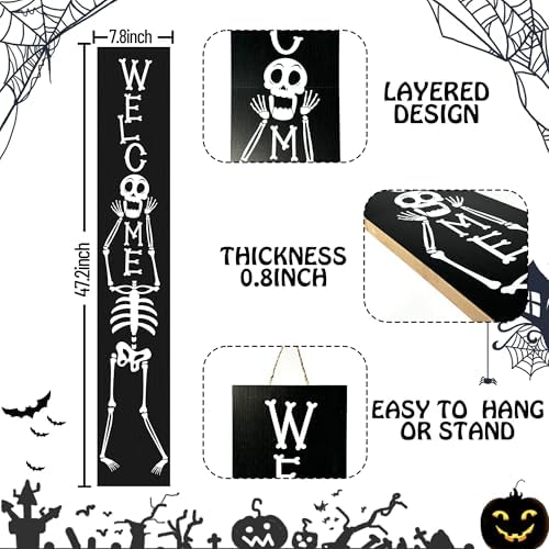 Halloween Porch Sign Boo Sign For Front Porch Skull Wooden Vertical Welcome Sign Yard Standing Decorative Signs Plaques for Front Door Farmhouse Outdoor Indoor Welcome Sign Wall Decor 47.2"H - Image 6