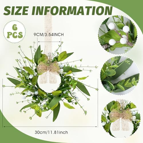 6 PCS Spring Summer Eucalyptus Kitchen Cabinet Wreaths Small Artificial Green Eucalyptus Leaf Wreath for Front Door with Ribbon Boxwood Mini Wreath for Porch Wall Window Farmhouse Wall Home Decor - Image 3