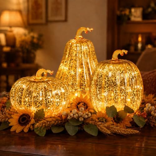 Bdor Mercury Glass Pumpkin Light, Fall Harvest Thanksgiving Halloween Decor by Bdor