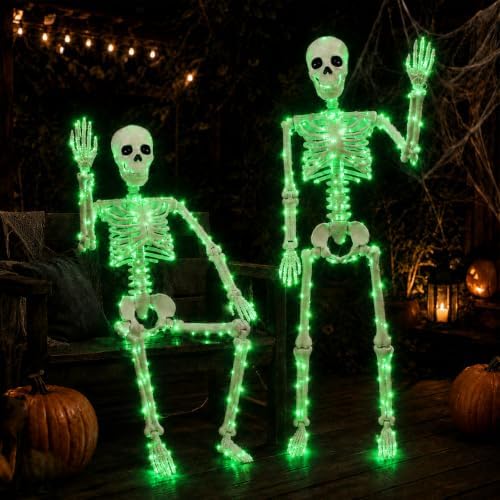 2 Pack Halloween Skeleton Decor 36" Lighted Realistic Skulls (Green) - Image 5