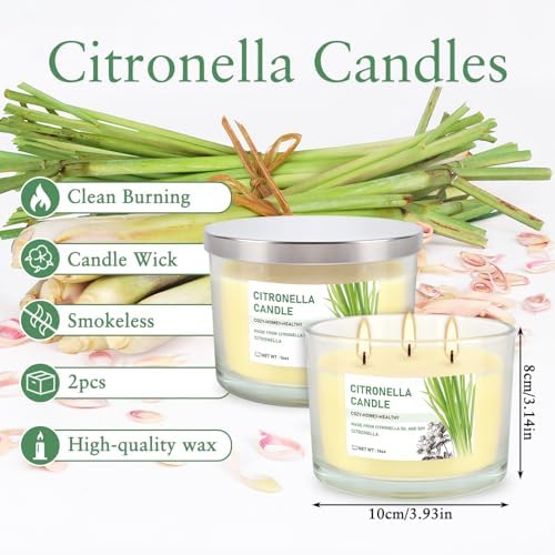 Citronella Candle Outdoor 2-Pack - 14oz Each 3-Wick Candles in Clear Glass Jars, Made with Citronella Oil & Soy Wax for Patio, Camping, Backyard, Emergency & Outdoor Ambiance. - Image 2