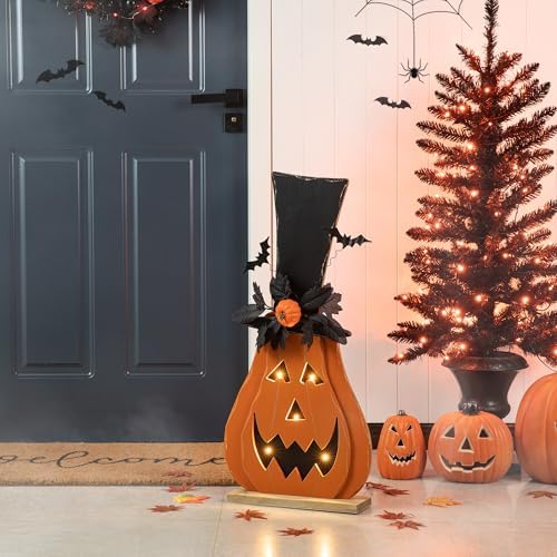 Glitzhome 29.5"H Lighted Wooden Jack-O-Lantern Porch Decor, Farmhouse Halloween Pumpkin Yard Sign With Floral Timer, Rustic Style Sign With Wood Base for Home Party Decor - Image 3