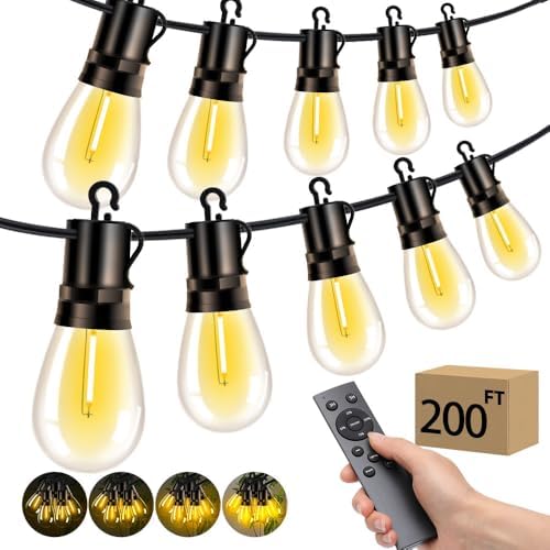 Outdoor Patio String Lights: S14 Shatterproof Bulb Outside Waterproof Light - 200FT 60M Remote Dimmable Connectable Hanging Outdoor Electric Lighting - Garden Backyard Yard Gazebo Porch Party by Vozuji