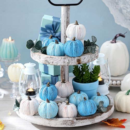 Geelin 12 Pcs Blue Rustic Fall Pumpkin Decor Resin Pumpkins for Thanksgiving Decorations Farmhouse Decorative Pumpkins 2.36" for Fall Home Decor Autumn Tabletop Centerpiece Harvest Wedding(Resin) - Image 5