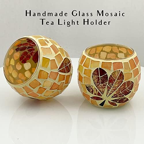 SHMILMH Fall Votive Candle Holder Set of 4, Mosaic Glass tealight Holders with Maple Leave for Halloween Thanksgiving Party Decorations - Image 6