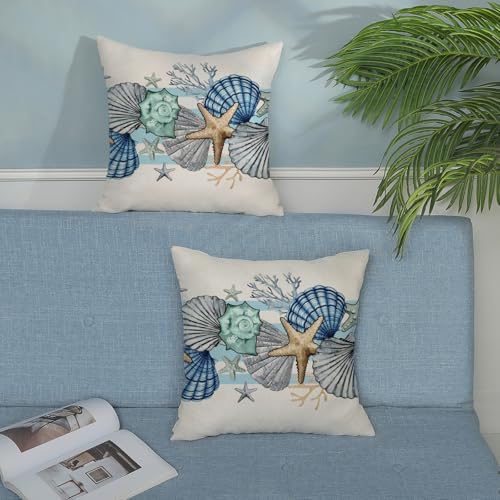 Coastal Pillow Covers 18x18 Inch Set of 2 Blue Nautical Starfish Pillow Covers Summer Outdoor Ocean Beach Coral Shell Decorative Pillow Cases Linen Square Cushion Cover Decor for Couch Home - Image 4