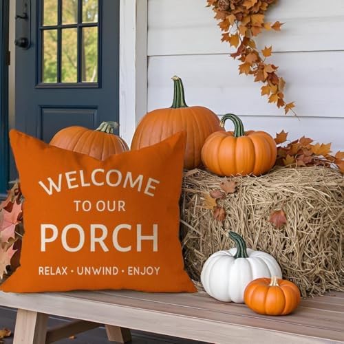 Outdoor Farmhouse Decorative Throw Pillow Covers 20x20 Inch Set of 2 Welcome to Our Porch This is Our Happy Place Orange Cushion Case Spring Fall Decoration for Patio Furniture Couch Decor - Image 6