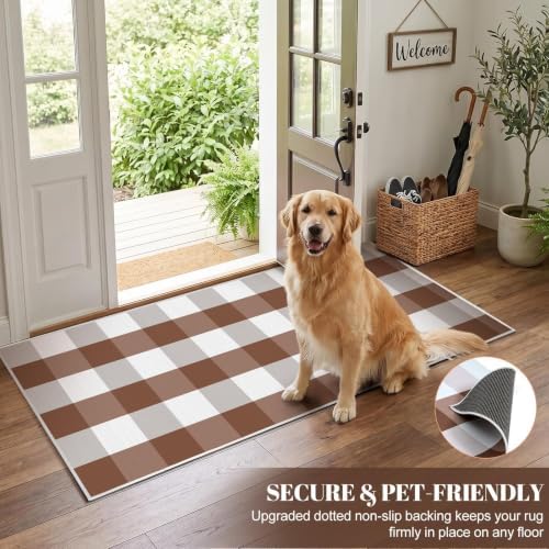 Brown White Plaid Outdoor Rug 2 x 4.3 Ft, Front Door Layering Mat - Image 3
