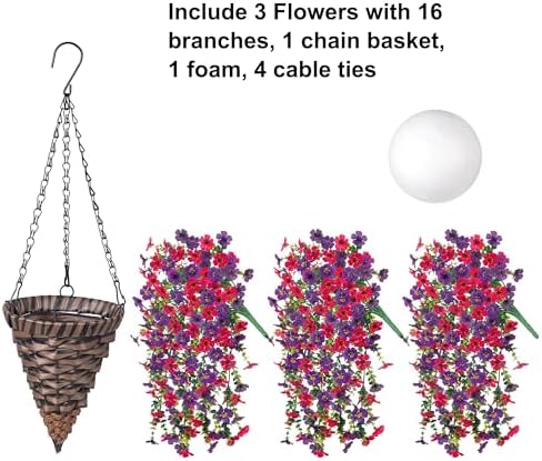 HyeFlora Artificial Hanging Flowers Basket for Outdoor, Fake Flowers Faux Plants Look Real for Yard Gardens Porch Patio Home (Darkpurple+Hotpink) - Image 3