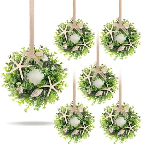6 Pcs Shell Starfish Swag Wreath Summer Wreaths for Kitchen Cabinet Mini Artificial Rustic Farmhouse Wreaths with Ribbon for Pillar Front Door Porch Wall Window Farmhouse Decoration by Unknown