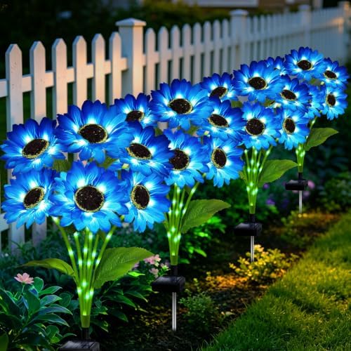 VOOKRY Solar Garden Lights Outdoor, 4 Pack Blue Sunflower Lights with 24 Flowers, Waterproof Summer Garden Decor Solar Flowers for Yard Backyard Patio Flowerbed Yard, Gift for Mom Women by VOOKRY
