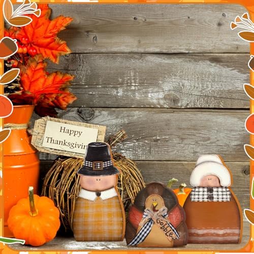 Colingmill 3 Pcs Thanksgiving Table Decor Wooden Turkey Pilgrim Couple - Image 5