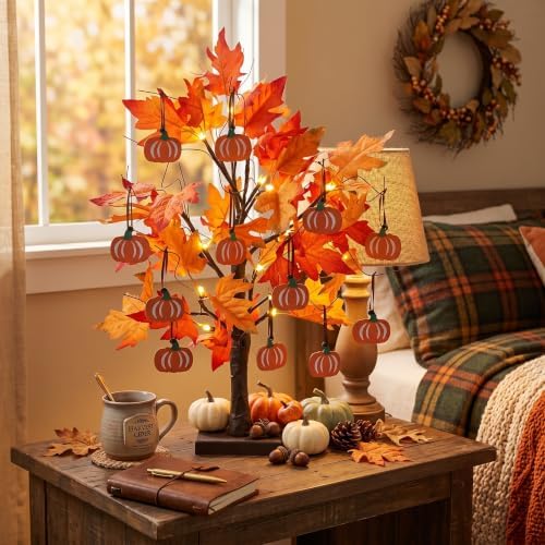 hogardeck Fall Decorations for Home, Thanksgiving Decorations, 24”2FT Lighted Maple Leaves Tree with 24 LEDs & 12 Wood Pumpkin Ornaments, Battery Powered Timer Artificial Trees for Autumn Table Decor - Image 6