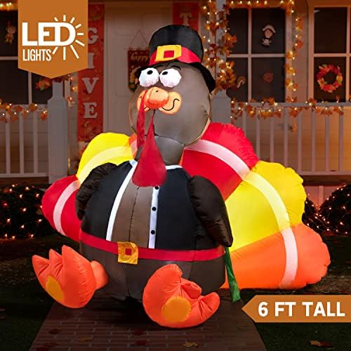 Joiedomi 6 FT Thanksgiving Inflatable Turkey Decorations, LED Light Up Turkey with Pilgrim Hat, Blow Up Decor for Thanksgiving Outdoor Decorations, Halloween Inflatable for Yard Garden - Image 2
